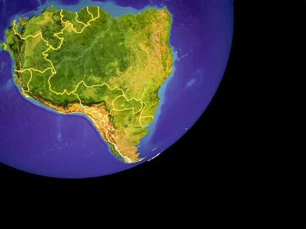 Sudamérica Desde Espacio Modelo Tierra Con Fronteras Nacionales Detalle Muy —  Fotos de Stock