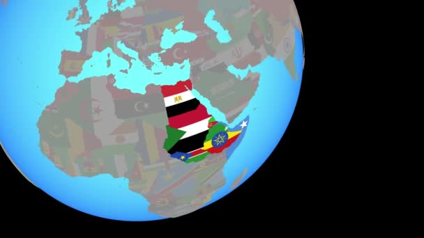 Avvicinamento sull'Africa nordorientale con bandiere — Video Stock