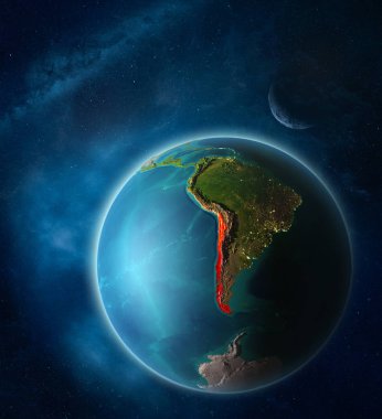 Şili Uzaydan Dünya gezegeninde Ay ve Samanyolu ile uzay. Gezegen yüzeyinin son derece ince detayları. 3d illüstrasyon. Nasa tarafından döşenmiş bu görüntünün elemanları.