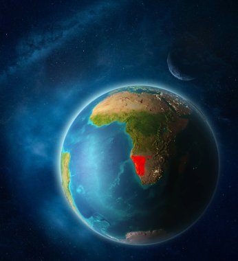 Namibya Uzay'dan Dünya gezegeninde Ay ve Samanyolu ile uzay. Gezegen yüzeyinin son derece ince detayları. 3d illüstrasyon. Nasa tarafından döşenmiş bu görüntünün elemanları.