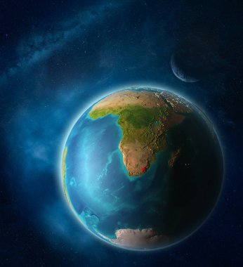 Dünya 'daki uzaydan gelen Lesotho Ay ve Samanyolu ile uzayda. Gezegen yüzeyinin son derece ince ayrıntıları. 3 boyutlu illüstrasyon. Bu görüntünün elementleri Nasa tarafından döşenmiştir.