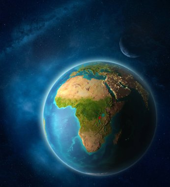 Ay ve Samanyolu ile uzayda Dünya gezegeninde uzaydan Burundi. Gezegen yüzeyinin son derece ince detayları. 3d illüstrasyon. Nasa tarafından döşenmiş bu görüntünün elemanları.