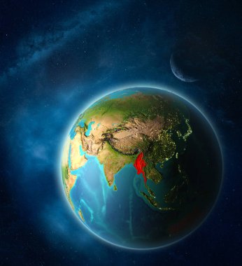 Myanmar Uzay'dan Dünya gezegeninde Ay ve Samanyolu ile uzay. Gezegen yüzeyinin son derece ince detayları. 3d illüstrasyon. Nasa tarafından döşenmiş bu görüntünün elemanları.