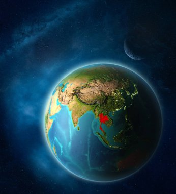 Ay ve Samanyolu ile uzayda dünya gezegeninde uzaydan Tayland. Gezegen yüzeyinin son derece ince detayları. 3d illüstrasyon. Nasa tarafından döşenmiş bu görüntünün elemanları.