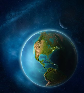 Ay ve Samanyolu ile uzayda Dünya gezegeninde uzaydan Bahamalar. Gezegen yüzeyinin son derece ince detayları. 3d illüstrasyon. Nasa tarafından döşenmiş bu görüntünün elemanları.