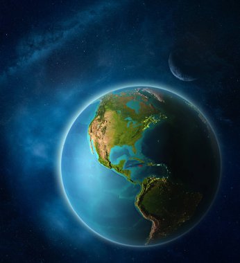 Jamaika Uzay'dan Dünya gezegeninde Ay ve Samanyolu ile uzay. Gezegen yüzeyinin son derece ince detayları. 3d illüstrasyon. Nasa tarafından döşenmiş bu görüntünün elemanları.
