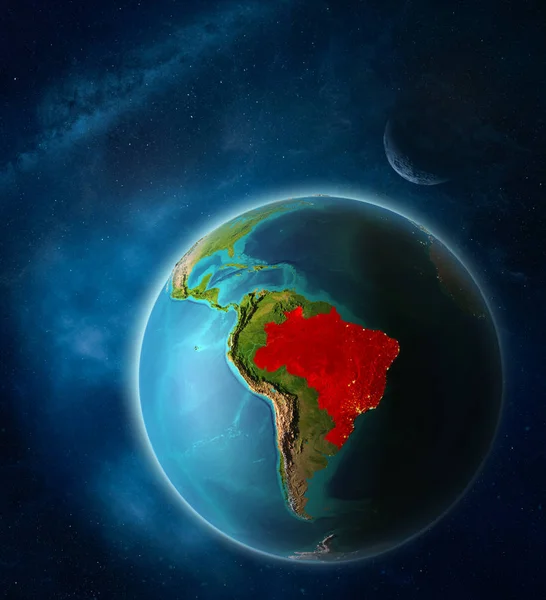 Brazil from space on planet Earth in space with Moon and Milky Way. Extremely fine detail of planet surface. 3D illustration. Elements of this image furnished by NASA.