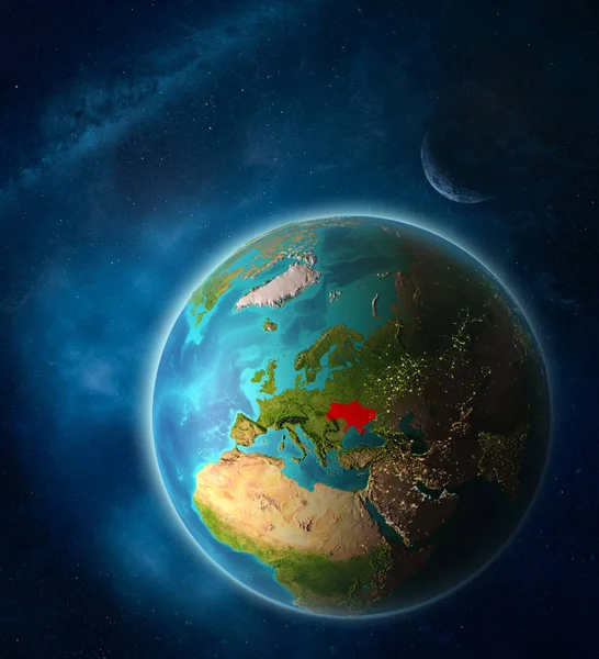 月と天の川と宇宙で惑星地球上の宇宙からウクライナ 惑星表面の非常に細かいディテール 3Dイラスト この画像の要素は Nasaによって提供 — ストック写真
