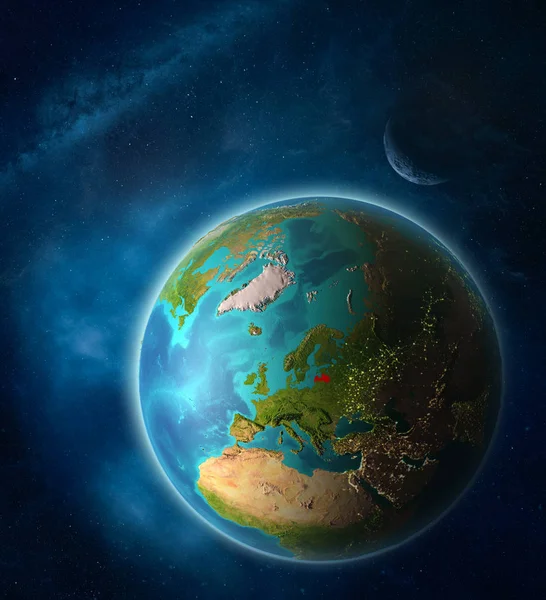 月と天の川の宇宙で惑星地球上の宇宙からラトビア 惑星表面の非常に細かいディテール 3Dイラスト この画像の要素は Nasaによって提供 — ストック写真
