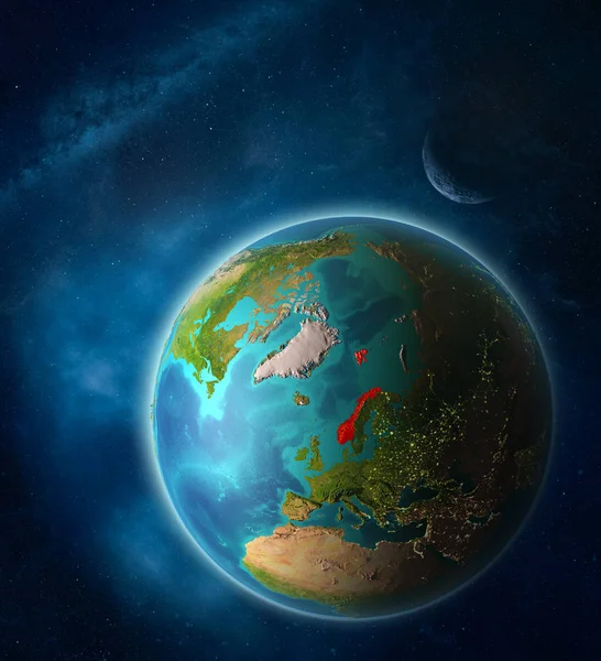 月と天の川と宇宙で惑星地球上の宇宙からノルウェー 惑星表面の非常に細かいディテール 3Dイラスト この画像の要素は Nasaによって提供 — ストック写真