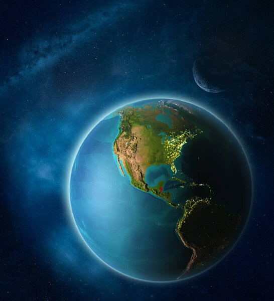 Белиз из космоса на планете Земля в космосе с Луной и Млечным Путем. Чрезвычайно мелкие детали поверхности планеты. 3D иллюстрация. Элементы этого изображения предоставлены НАСА
.