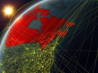 Ağ ve uluslararası ağlar ile Dünya gezegeninin modeli nde Kanada. Dijital iletişim ve teknoloji kavramı. 3d illüstrasyon. Nasa tarafından döşenmiş bu görüntünün elemanları.