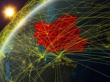 Ağ ve uluslararası ağlar ile Dünya gezegeninin modeli üzerinde İran. Dijital iletişim ve teknoloji kavramı. 3d illüstrasyon. Nasa tarafından döşenmiş bu görüntünün elemanları.