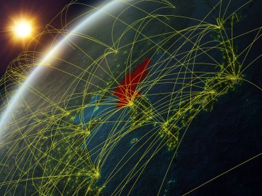 Kuzey Kore ağ ve uluslararası ağları ile dünya gezegeninin modeli üzerinde. Dijital iletişim ve teknoloji kavramı. 3d illüstrasyon. Nasa tarafından döşenmiş bu görüntünün elemanları.