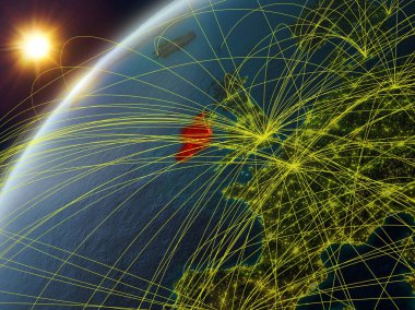 Ağ ve uluslararası ağlar ile dünya gezegeninin modeli İrlanda. Dijital iletişim ve teknoloji kavramı. 3d illüstrasyon. Nasa tarafından döşenmiş bu görüntünün elemanları.