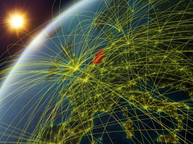 Hollanda ağ ve uluslararası ağları ile Dünya gezegeninin modeli üzerinde. Dijital iletişim ve teknoloji kavramı. 3d illüstrasyon. Nasa tarafından döşenmiş bu görüntünün elemanları.