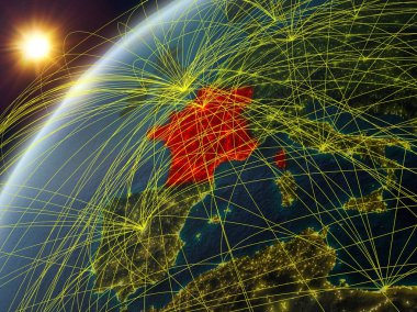 Ağ ve uluslararası ağlar ile Dünya gezegeninin modeli üzerinde Fransa. Dijital iletişim ve teknoloji kavramı. 3d illüstrasyon. Nasa tarafından döşenmiş bu görüntünün elemanları.