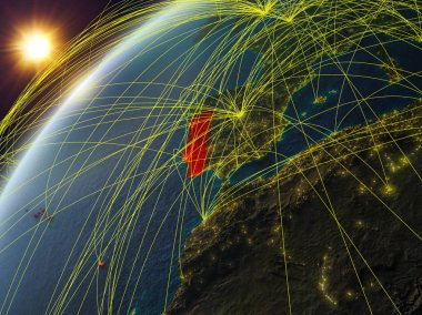 Ağ ve uluslararası ağlar ile Dünya gezegeninin modeli üzerinde Portekiz. Dijital iletişim ve teknoloji kavramı. 3d illüstrasyon. Nasa tarafından döşenmiş bu görüntünün elemanları.