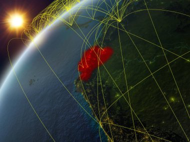 Ekvador ağ ve uluslararası ağlar ile dünya gezegeninin modeli. Dijital iletişim ve teknoloji kavramı. 3d illüstrasyon. Nasa tarafından döşenmiş bu görüntünün elemanları.