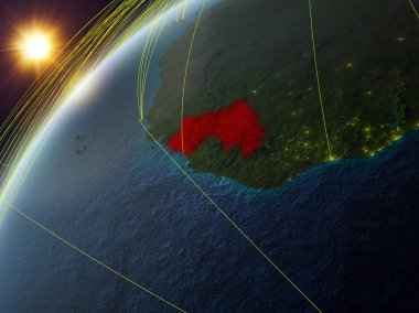 Gine ağ ve uluslararası ağlar ile Dünya gezegeninin modeli. Dijital iletişim ve teknoloji kavramı. 3d illüstrasyon. Nasa tarafından döşenmiş bu görüntünün elemanları.