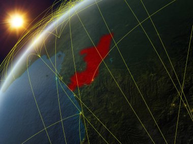 Kongo ağ ve uluslararası ağlar ile Dünya gezegeninin modeli üzerinde. Dijital iletişim ve teknoloji kavramı. 3d illüstrasyon. Nasa tarafından döşenmiş bu görüntünün elemanları.