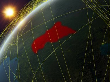 Orta Afrika ağ ve uluslararası ağlar ile dünya gezegeninin modeli üzerinde. Dijital iletişim ve teknoloji kavramı. 3d illüstrasyon. Nasa tarafından döşenmiş bu görüntünün elemanları.