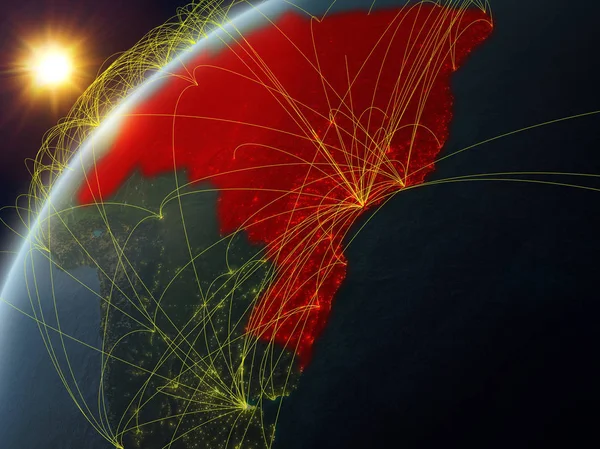Brazílie Modelu Planety Země Sítí Mezinárodními Sítěmi Koncepce Digitální Komunikace — Stock fotografie