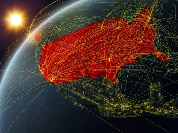 ネットワークと国際ネットワークを持つ惑星地球のモデル上のUsa デジタル通信と技術の概念3Dイラスト この画像の要素は Nasaによって提供 — ストック写真