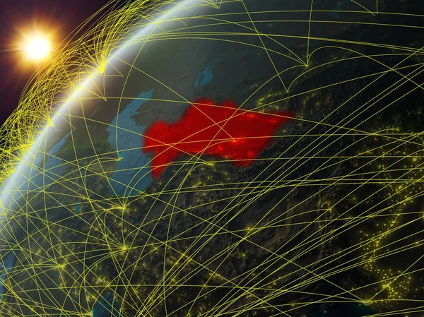 Turkmenistan on model of planet Earth with network and international networks. Concept of digital communication and technology. 3D illustration. Elements of this image furnished by NASA.