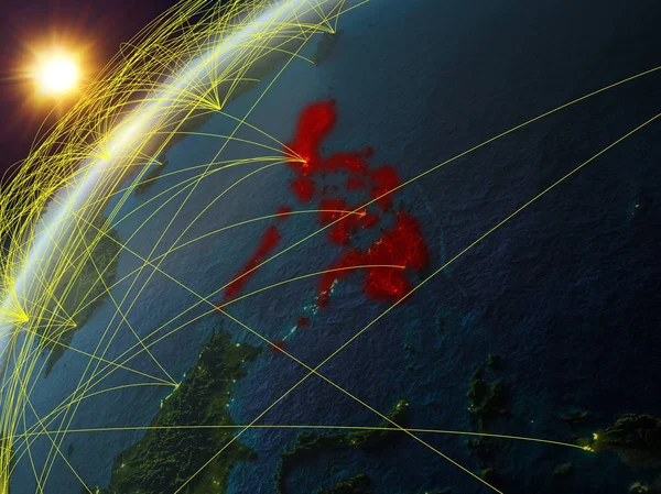 Philippines on model of planet Earth with network and international networks. Concept of digital communication and technology. 3D illustration. Elements of this image furnished by NASA.