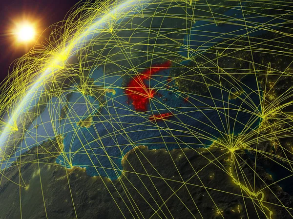 Греция Модели Планеты Земля Сетью Международными Сетями Концепция Цифровой Связи — стоковое фото