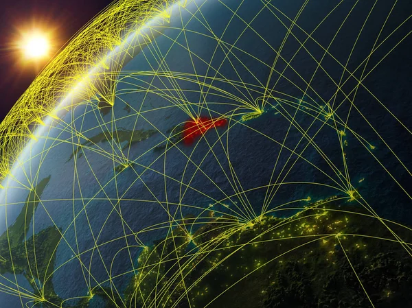 多米尼加共和国的地球模型与网络和国际网络 数字通信与技术的概念 这张图片的元素由美国宇航局提供 — 图库照片