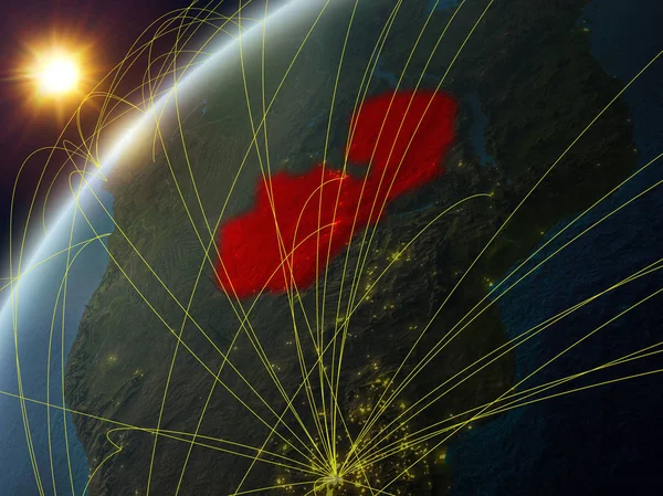 Zambia on model of planet Earth with network and international networks. Concept of digital communication and technology. 3D illustration. Elements of this image furnished by NASA.