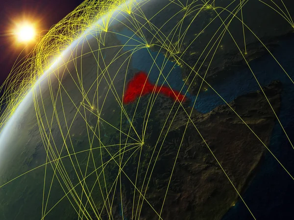 Eritrea on model of planet Earth with network and international networks. Concept of digital communication and technology. 3D illustration. Elements of this image furnished by NASA.