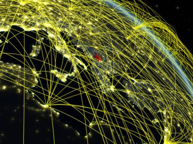 Kosova uzaydan dünya gezegeninin modelinde gece ağ ile. Dijital teknoloji, bağlantı ve seyahat kavramı. 3d illüstrasyon. Nasa tarafından döşenmiş bu görüntünün elemanları.