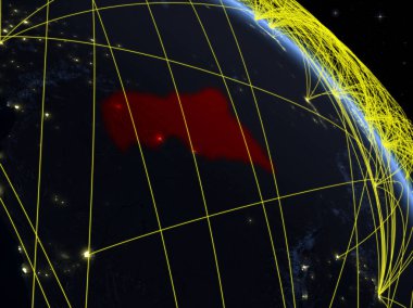 Orta Afrika uzaydan dünya gezegeninin modelinde gece ağ ile. Dijital teknoloji, bağlantı ve seyahat kavramı. 3d illüstrasyon. Nasa tarafından döşenmiş bu görüntünün elemanları.