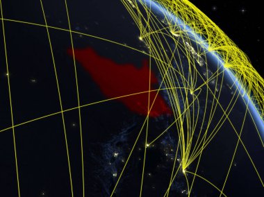Güney Sudan uzaydan dünya gezegeninin modeline göre geceleri ağ ile. Dijital teknoloji, bağlantı ve seyahat kavramı. 3d illüstrasyon. Nasa tarafından döşenmiş bu görüntünün elemanları.