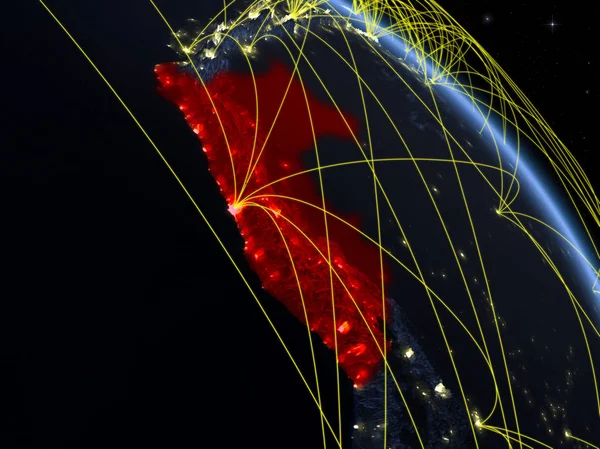 ネットワークと夜の惑星地球のモデル上の宇宙からペルー デジタル技術 接続性 旅行の概念 3Dイラスト この画像の要素は Nasaによって提供 — ストック写真