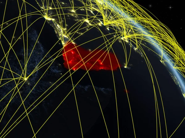 Yemen Desde Espacio Modelo Del Planeta Tierra Noche Con Red — Foto de Stock