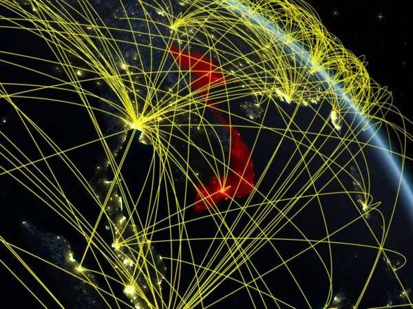 越南从太空的行星模型在夜晚与网络 数字技术 连接和旅行的概念 这张图片的元素由美国宇航局提供 — 图库照片
