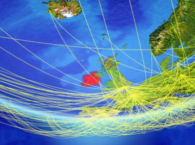 İrlanda seyahat ve iletişim temsil eden ağ ile Dünya gezegeninin modeli üzerinde. 3d illüstrasyon. Nasa tarafından döşenmiş bu görüntünün elemanları.