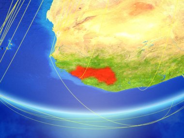 Gine seyahat ve iletişim temsil eden ağ ile Dünya gezegeninin modeli üzerinde. 3d illüstrasyon. Nasa tarafından döşenmiş bu görüntünün elemanları.