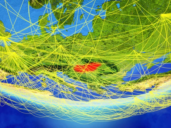 Hungary on model of planet Earth with network representing travel and communication. 3D illustration. Elements of this image furnished by NASA.