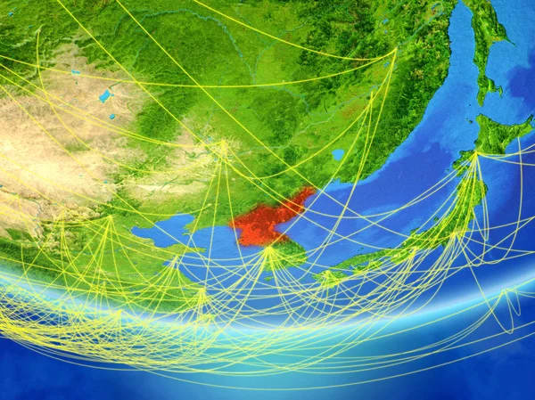 Nordkorea Auf Dem Modell Des Planeten Erde Mit Einem Netzwerk — Stockfoto