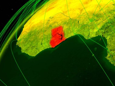 Gana uluslararası ağlar ile yeşil gezegen Dünya modeli üzerinde. Dijital iletişim ve teknoloji kavramı. 3d illüstrasyon. Nasa tarafından döşenmiş bu görüntünün elemanları.