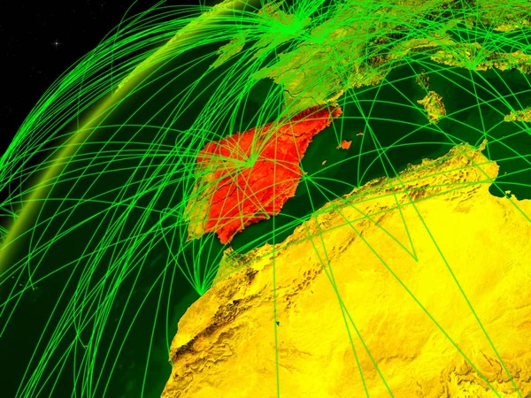 国際的なネットワークを持つ緑の惑星地球のモデル上のスペイン デジタル通信と技術の概念3Dイラスト この画像の要素は Nasaによって提供 — ストック写真