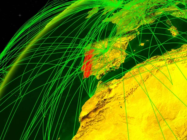 葡萄牙在绿色地球模型与国际网络 数字通信与技术的概念 这张图片的元素由美国宇航局提供 — 图库照片