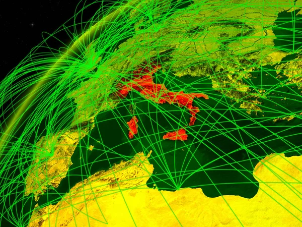 Італія Моделі Зеленої Планети Земля Міжнародними Мережами Поняття Цифрової Комунікації — стокове фото