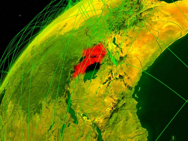 Uganda Modelo Planeta Verde Tierra Con Redes Internacionales Concepto Comunicación — Foto de Stock