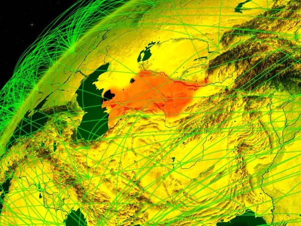 Turcomenistão Modelo Planeta Verde Terra Com Redes Internacionais Conceito Comunicação — Fotografia de Stock